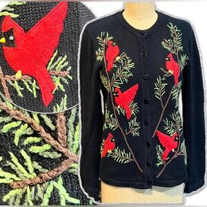 VINTAGE pine tree cardinal red bird knit cardigan sweater embroidered earthy 90s